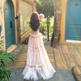 MQTIME  -  Sweet Pink Tulle Maxi Dress Women Summer Spaghetti Strap Ruffle Layered Long Dress Female Elegant Beach Vacation Party Dresses
