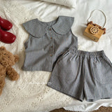  MQTIME  -  New Summer Baby Girls Striped Sets Peter Pan Collar Tops Shorts 2pcs Korean Style Toddlers Kids Chic Outfits