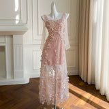 MQTIME  -   Pink 3D Flowers Tulle Prom Party Dress Spagehtti Straps Sequin Floral Lolita  A Line Pleats Formal Evening Gowns