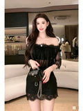 MQTIME  -  French Coquette Sexy 2 Piece Set Women Off Shoulder Lace Crop Top Bow High Waist Bodycon Mini Skirt Slim Fit Dress Elegant Party