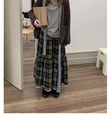 MQTIME  -  Women Vintage Green Plaid Tiered Midi Skirts Elastic High Waist A Line Ruffled Cake Skirt Autumn Casual Preppy Style Long Skirts