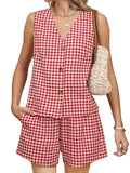 MQTIME  -  Stylish Women s 2-Piece Set with Plaid Print V-Neck Tank Top and Elastic Shorts Perfect for Club and Streetwear Fashion