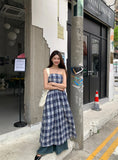 MQTIME  -  Vintage Plaid Dress Women Sexy A Line Midi Dresses Korean Split Slash Neck Slim Sundress Vestidos