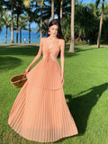 MQTIME  -  Beach Holiday Pink Backless Neck-mounted Long Dresses Summer French Hepburn Pressure Pleated Big Swing Casual Female Clothing