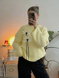 MQTIME  -  New Elegant Three Dimensional Flowers Long Sleeved Sweater Loose Soft Yellow Warm Pullover Top Round Neck Simple Knitwear Female