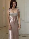 MQTIME  -  Puss Sexy Satin Wedding Dress Women Strap Low-Neck Rhinestone Patchwork Elegant Classic Evening Party Dating Slim Bodycon