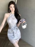 MQTIME  -  Ladies design sense lace off shoulder dress 2025 New French sexy style high waist slim irregular neck vest Dress