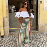 MQTIME  -  Rainbow Color Knitted Striped Pants Women Wide Leg Hollow Out Striped Loose Trousers 2025 Autumn Fashion Vacation Street Pants