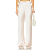 MQTIME  -  Women's Spring Summer Silk Satin Long Pants Elastic High Waist Solid Color Elegant Loose Fit Silky Wide Leg Trousers