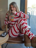  MQTIME  -  Fashion Striped Knitted Two-Piece Set For Women Round Neck Cardigan Top High Waist Straight-Leg Pants Casual Set 2026