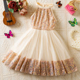 MQTIME  -  Girl's New Elegant Evening Dress Sequined Mesh Princess Birthday Party Dress Summer Children's Gauze Sleeveless For Girl Clothes