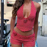  MQTIME  -  Women Summer Two Piece Outfits Dot Print Halter Neck Tank Top and Matching Skinny Shorts Set