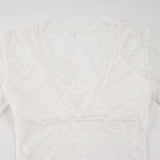 MQTIME  -  Y2k Lace Patchwork V Neck Short Sleeve Sheer Slim Sexy All Match Top Female