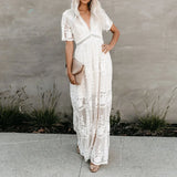MQTIME  -  Summer Lace Maxi Dress V Neck Short Sleeve Embroidery Elegant Vestidos Vacation White Floor Length Dress Party Robes