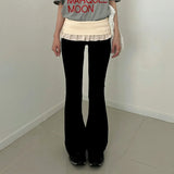 ﻿ MQTIME  -  Autumn Color Patchwork Lapel Waist Ruffles Slim Flare Pants Women Fashion Casual Streetwear Boot Cut Trousers All Matching