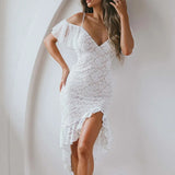 MQTIME  -  Women Sexy V Neck Hollow Sling Long Dress Spring Embroidery Lace Ruffles Split Mermaid Dress Summer Off Shoulder Irregular Dress