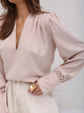 MQTIME  -  Spring Summer Women V-Neck Loose Blouses, Elegant Solid Patchwork Long Sleeve Tops, Simple Fashion Chic Ladies Shirts Streetwear