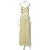 MQTIME  -  Summer Polka Dots Print A-line Maxi Dress Women Sexy Strapless Lace Up Halter Backless Vacation Beach Long Robe Streetwear