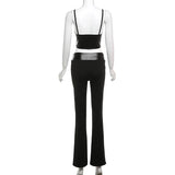 MQTIME  - Grommet Bandage PU Leather Patchwork 2 Piece Set Women Sexy Lace Edge Camis Crop Tops + Slim Flare Pants Fashion Clubwear Suit