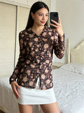  MQTIME  -  Women Shirts Flower Print Long Sleeve Ruched Button Down Slim Fit Blouse See Through Fashion Work Tops Streetwear