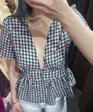 MQTIME  -  Deep V Neck Puff Short Sleeve Shirt Women Black White Plaid Cherry Embroidery Chiffon Crop Blouse  Ladies Holiday Outfit New