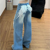  MQTIME  -  American Vintage Wings Patch Hot Diamond Ripped Jeans High Street Spice Girl High Waist Wide Leg Trousers Women Jeans