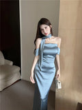 MQTIME  -  Satin Halter Sleeveless Transparent Slip Solid Zip Up Elegant Sexy Maxi Prom Dress Summer Women Wedding Party Vestido Outfit