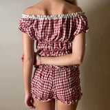 MQTIME  -  Women Summer y2k Coquette 2 Piece Set Outfits Plaid Print V Neck Short Sleeve Crop Tops Ruffles Shorts Fairycore Clothes