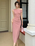 MQTIME  -  Elegant Solid Bodycon Evening Party Dresses Fashion Diagonal Collar Off Shoulder Prom Vestidos Summer Korean Female Clothing New