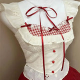 MQTIME  -  Summer Sweet Patchwork Two Piece Set Women Ruffle Lace Tops + Red Pleated Mini Skirt Suit Korea Kawaii Design Bow Cute Outfits