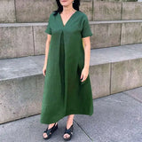 MQTIME  -  Women 2025 Patchwork Loose Office Dress Elegant Short Sleeve Pocket Long Dress Simple Solid Cotton Linen V-Neck Pullover Dress