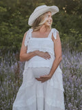 MQTIME  -  Elegant White Maternity Photoshoot Dress Tiered Lace Sleeveless Pregnancy Gown for Baby Shower and Maternity Photography