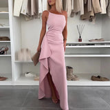 MQTIME  -  Fashion Diagonal Collar Slim Banquet Dress Female 2025 Solid Ruffle High Slit Evening Dress Elegant Wrap Hips High Waist Dress