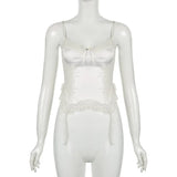 MQTIME  -  Pure Desire and Sexy White Lace Camis Slim V-neck Corset Summer Women's Satin Mesh Backless Suspender Y2k Crop Top Fairy Grunge