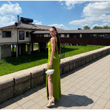  MQTIME  -  Chic Satin Slip Long Dress For Women Cowl-neck Sleeveless Side Split Hip Package Robe Summer Elegant Female Party Dresses