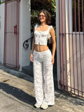 MQTIME  -  Hollow Out Cotton Women's 2 Pieces Set White Summer Pants Set Embroidery Top Pants Suit Matching Set Beach Casual Pants