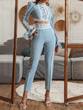 Mqtime Newest Designer Suit Set Women's Flare Sleeve Hollow Out Lace Trimmed Tops Blouse Pencil Pants Set