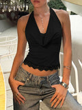 MQTIME  -  Lace Patchwork Halter Vest Women Fashion Backless Off Shoulder Lace-up Draped Neckline Cropped Top 2026 Lady Holiday Wear New