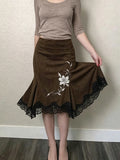 MQTIME  -  Vintage Flower Print Summer Temperament Medium Strecth Irregular Lace Patchwork Women's Skirts