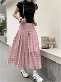 Mqtime Pink Plaid Pleated Skirts Women Summer Sweet A-line Fashin Skirts Female High Waist Zipper Loose Long Skirts New Streetwear