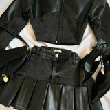 MQTIME  -  Y2K Knitted Splicing Short Skirt Two Piece Set Women Knitted Long Sleeved Sweater Cute Bow Mini Pleated Skirt Autumn Winter Suit