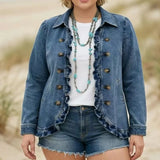 MQTIME  -  Women's Ruffled Denim Jacket Chic Button Slim Fit Short Coat for Spring Autumn Versatile Long Sleeve Solid Color Top
