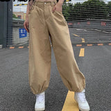 MQTIME  - Women Y2K Khaki Adjustable Waist Oversized Cargo Pants Loose  Fashion New Drawstring 90s Long Pant Fall Hip Hop Streetwear