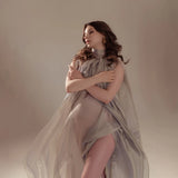  MQTIME  -  Elegant Maternity Photography Halter Cape Gown Slit Dress Pregnancy Photo Shoot Outfits Studio Posing Clothing For Portraits