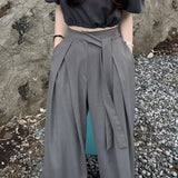 MQTIME  -  Fashion Women Wide Leg Pants Korea Chic High Waist Loose Mopping Suit Pants Elegant Lady Pleated Belt Strap Black Loose Trousers