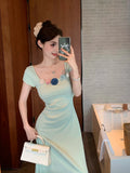 MQTIME  -  Women Mint Mambo Style Short Sleeved Dress Women's Summer Korean Chic Waist Slimming A line Long Dresses