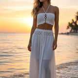 MQTIME  -  Simple Solid Bikini Cover Up Outfit Summer Beach Exposed Navel Women's Two Piece Sexy Strapless Top with Long Skirt Holiday Suit