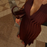  MQTIME  -  Fashion Knitted Pleated Long Dress For Women Elegant Sleeveless Polo Neck A-line Evening Party Dress Summer Holiday Lady Robes