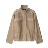  MQTIME  -  Retro Solid Suede Bomber Jacket Women Street Lapel Single Breasted Full Sleeves Zipper Pockets Coat Female Autumn Casual Outwear