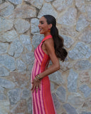 MQTIME  -  ﻿ Trendy Women's Halter Neck Striped Maxi Dress Chic Backless Sleeveless Fitted Long Dresses Summer Beach Vacation Party Gown
